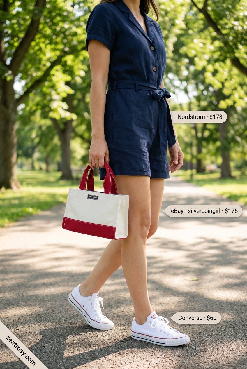 Midsize summer outfits for women 2026: Playful navy linen romper with white sneakers, red bandana, and canvas bag for a comfy park excursion.