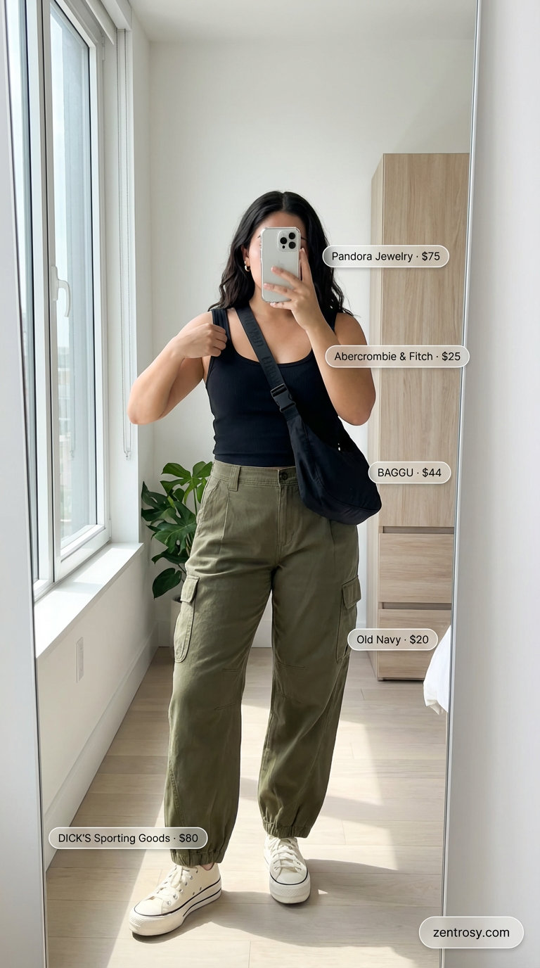 Midsize summer outfits for women 2026: Adventurous olive green cargo pants, a black ribbed tank, chunky platform sneakers, and a black sling bag for urban exploration.