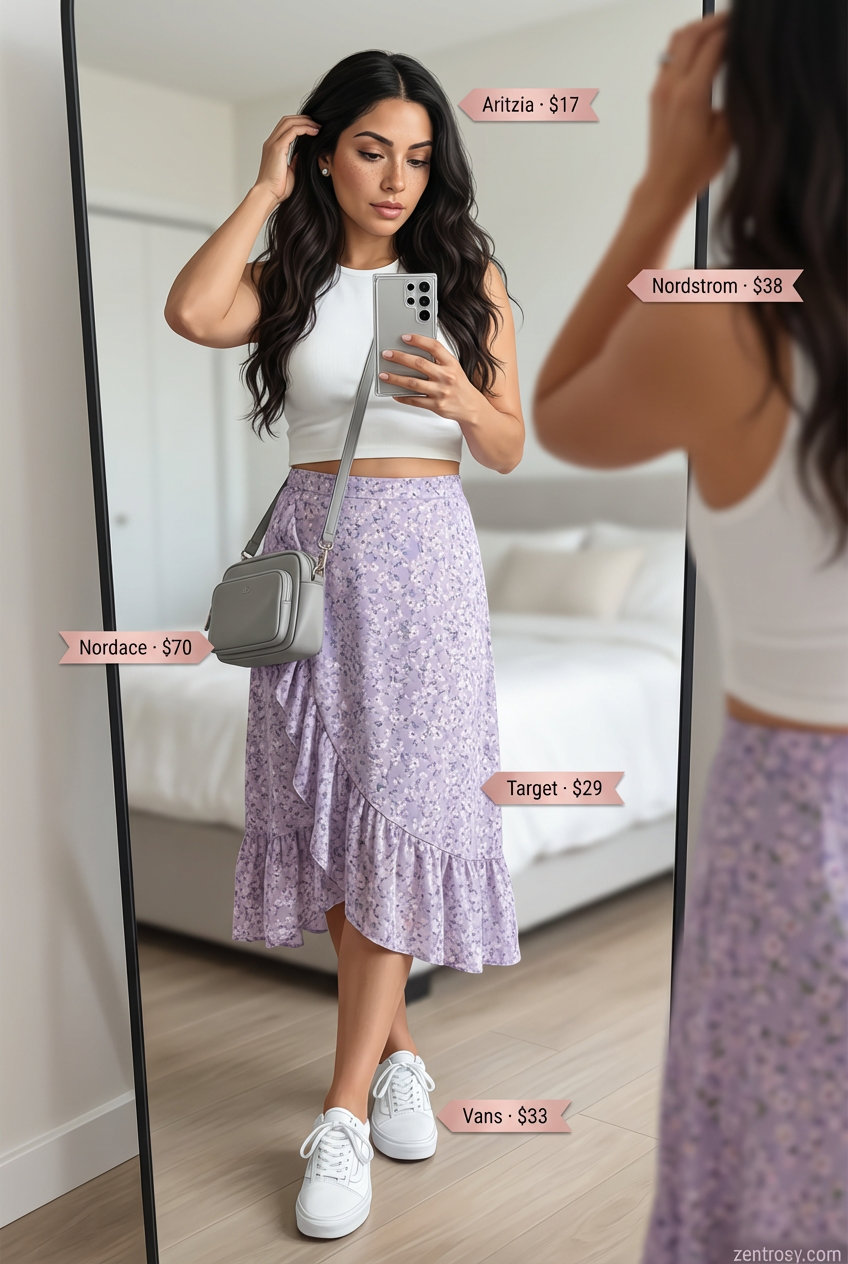 A sweet and feminine midsize summer outfit for women 2026, featuring a lavender floral midi skirt, a white ribbed tank top, white sneakers, a grey crossbody bag, and silver stud earrings, for a picnic.
