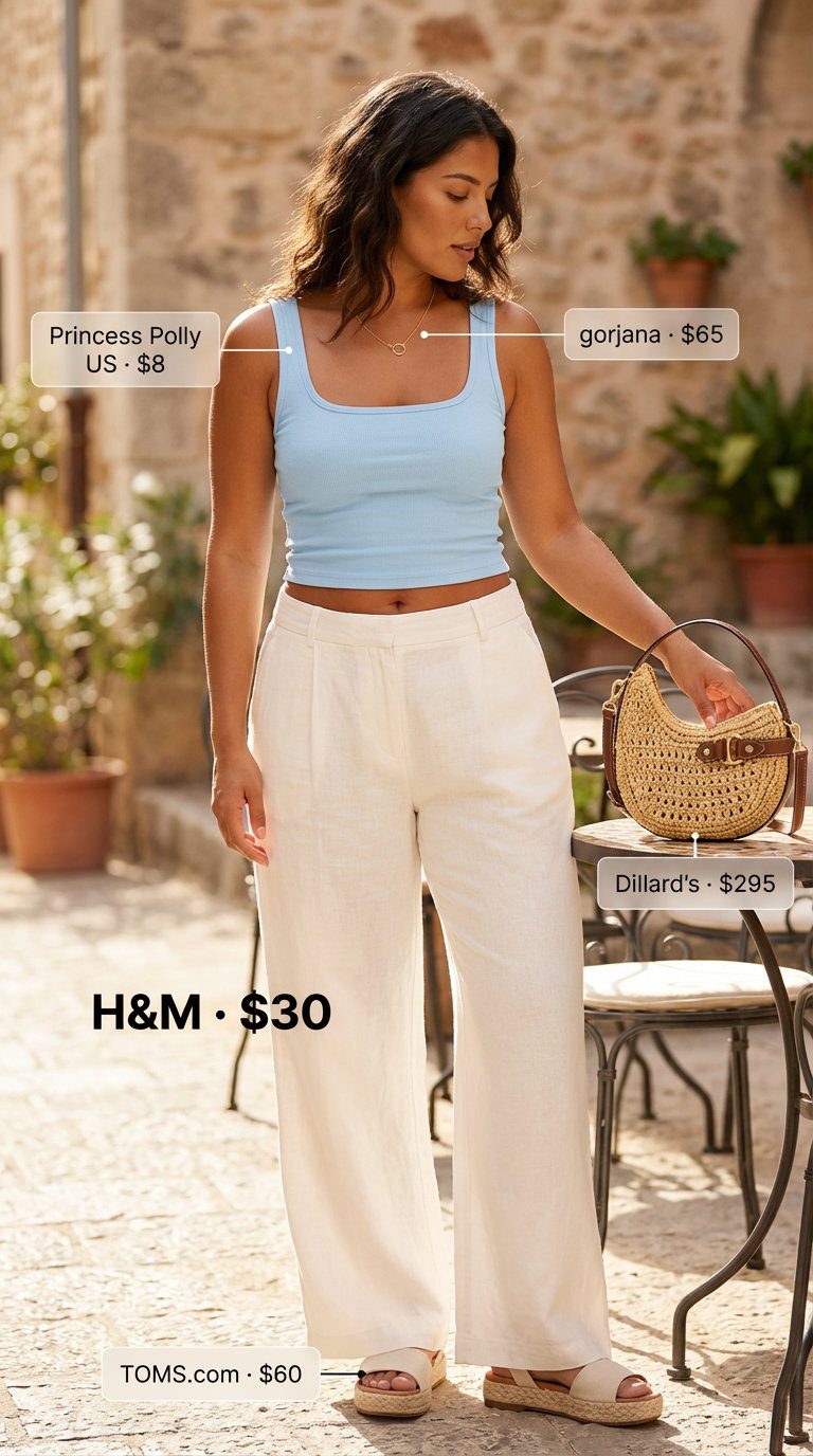 Midsize summer outfits for women 2026: Chic ivory wide-leg linen pants, a sky blue ribbed tank, espadrille sandals, and a straw bag for a Riviera brunch.