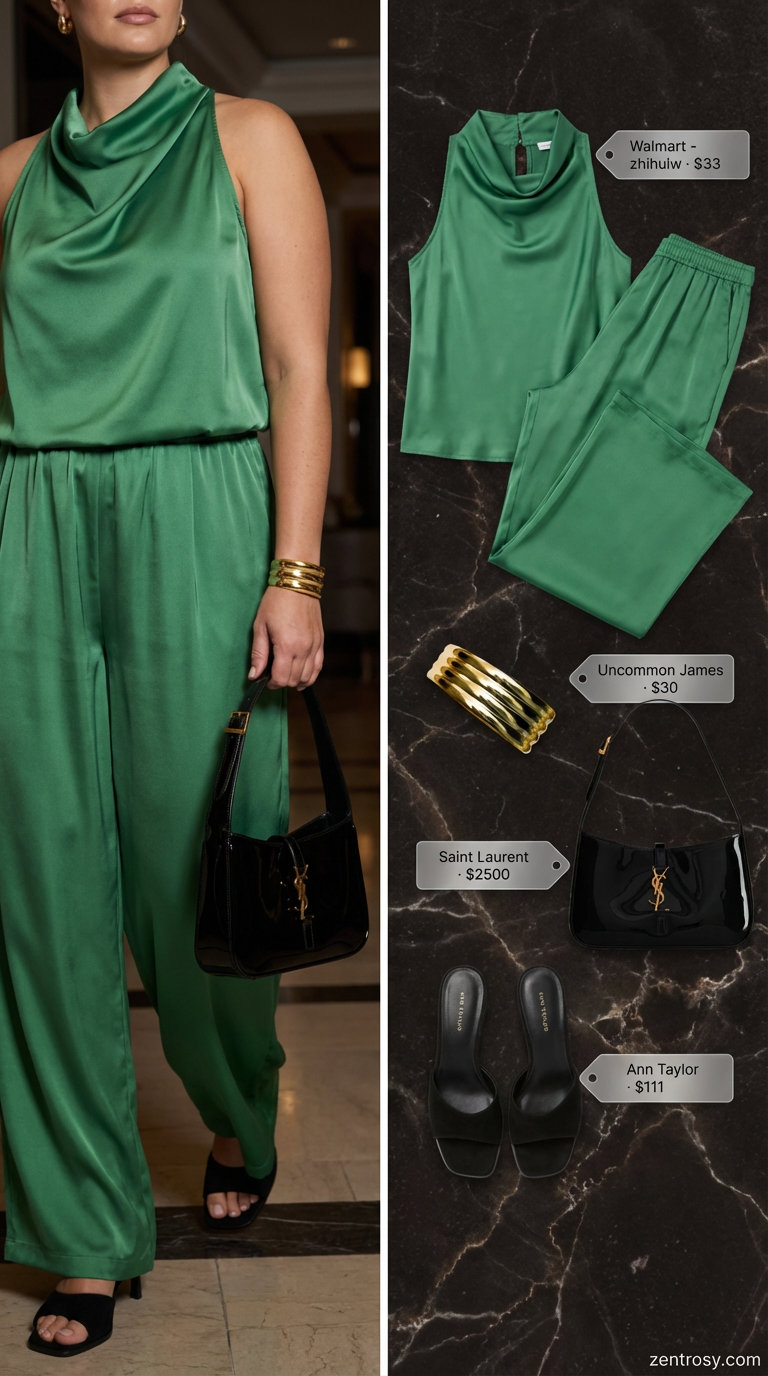 An elegant midsize summer outfit for women 2026, showcasing an emerald green satin two-piece set, black suede heeled mules, a black mini shoulder bag, and a gold cuff bracelet, perfect for an evening event.