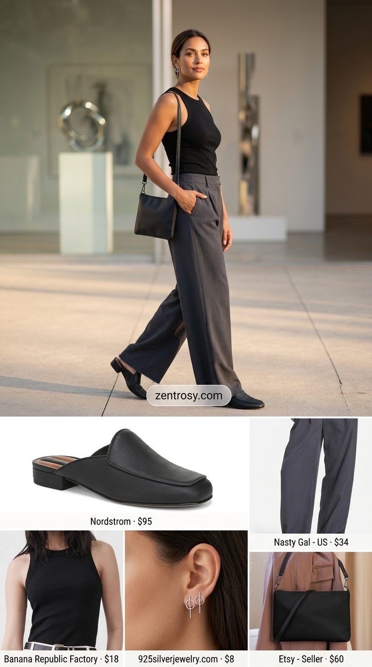 Minimal summer capsule wardrobe for women 2026: Charcoal wide-leg pants, black tank, leather mules for gallery visit.