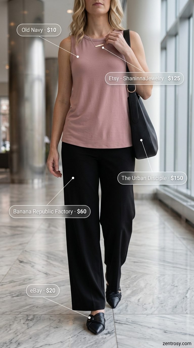 Minimal summer capsule wardrobe for women 2026: Black wide-leg pants, dusty rose knit top, silver accessories for business casual.