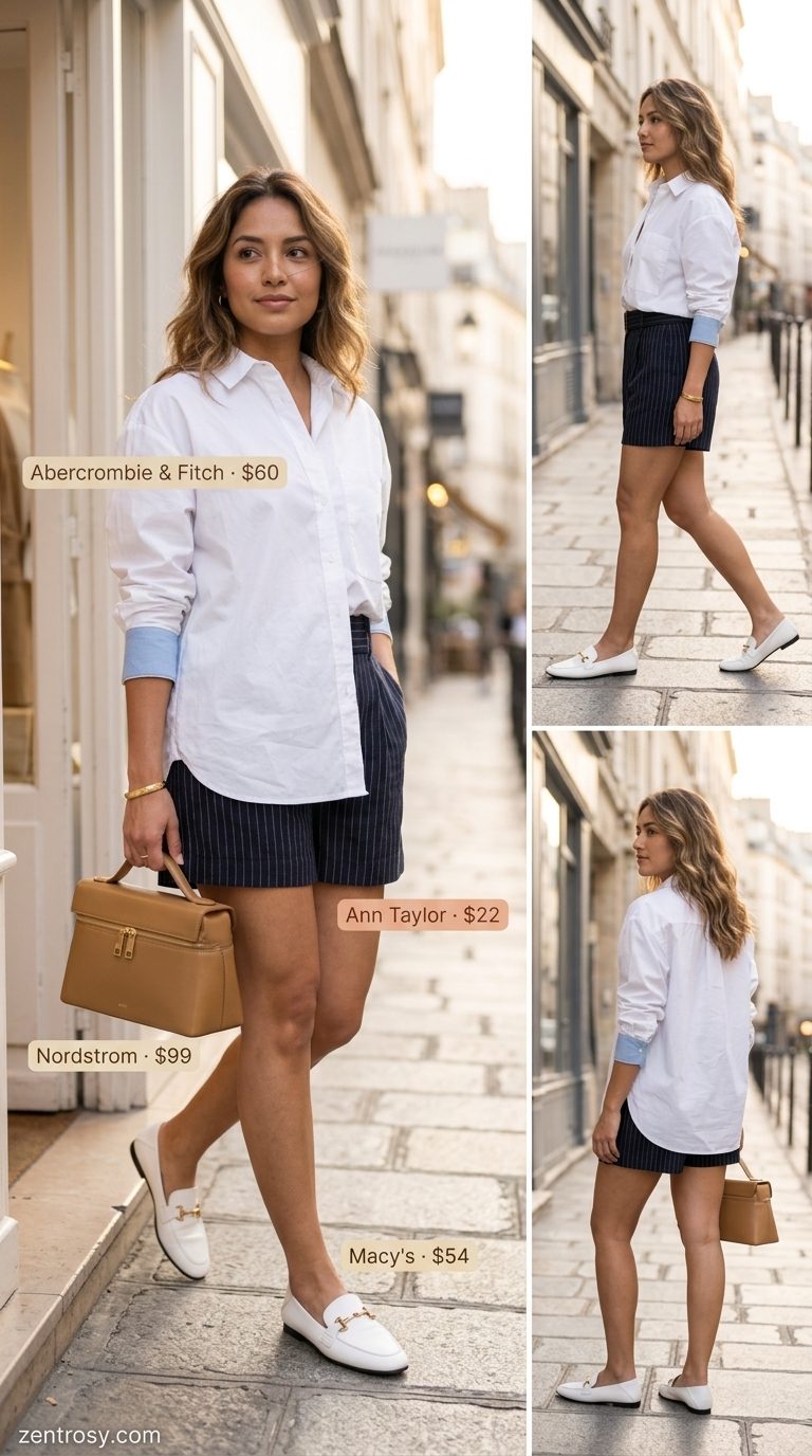 Minimal summer capsule wardrobe for women 2026: Navy linen shorts, white shirt, loafers for city errands.