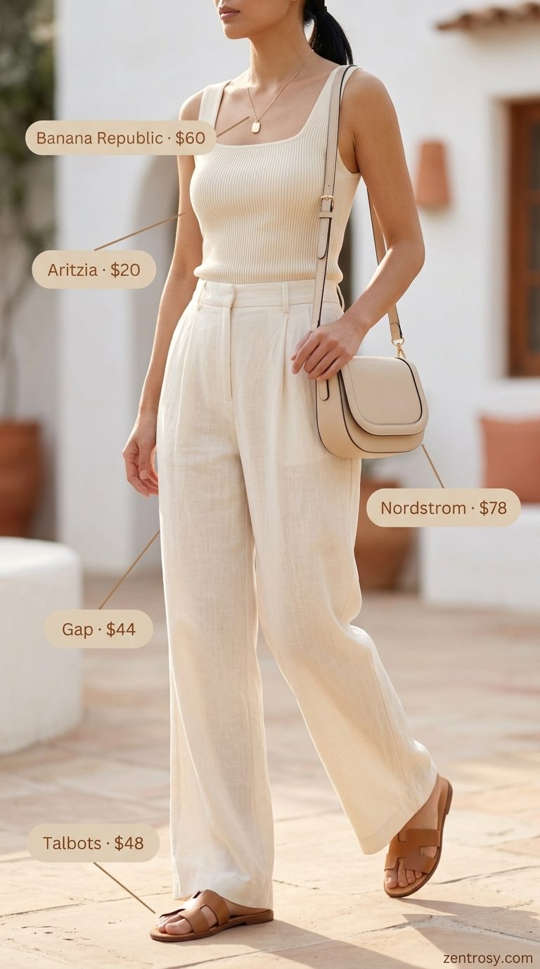 Minimal summer capsule wardrobe for women 2026: Off-white linen pants, beige knit top, tan slides for brunch.