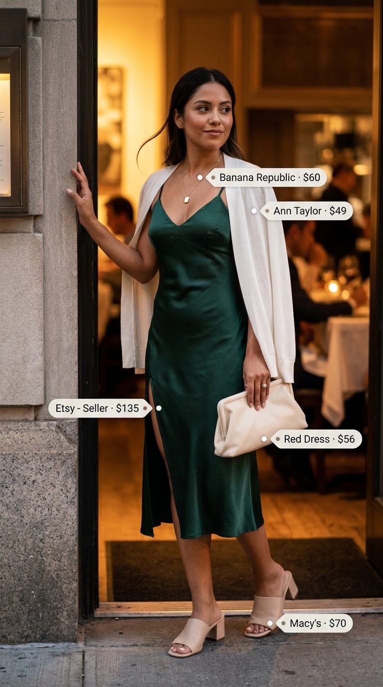 Minimal summer capsule wardrobe for women 2026: Emerald green satin slip dress, cream cardigan, gold jewelry for date night.