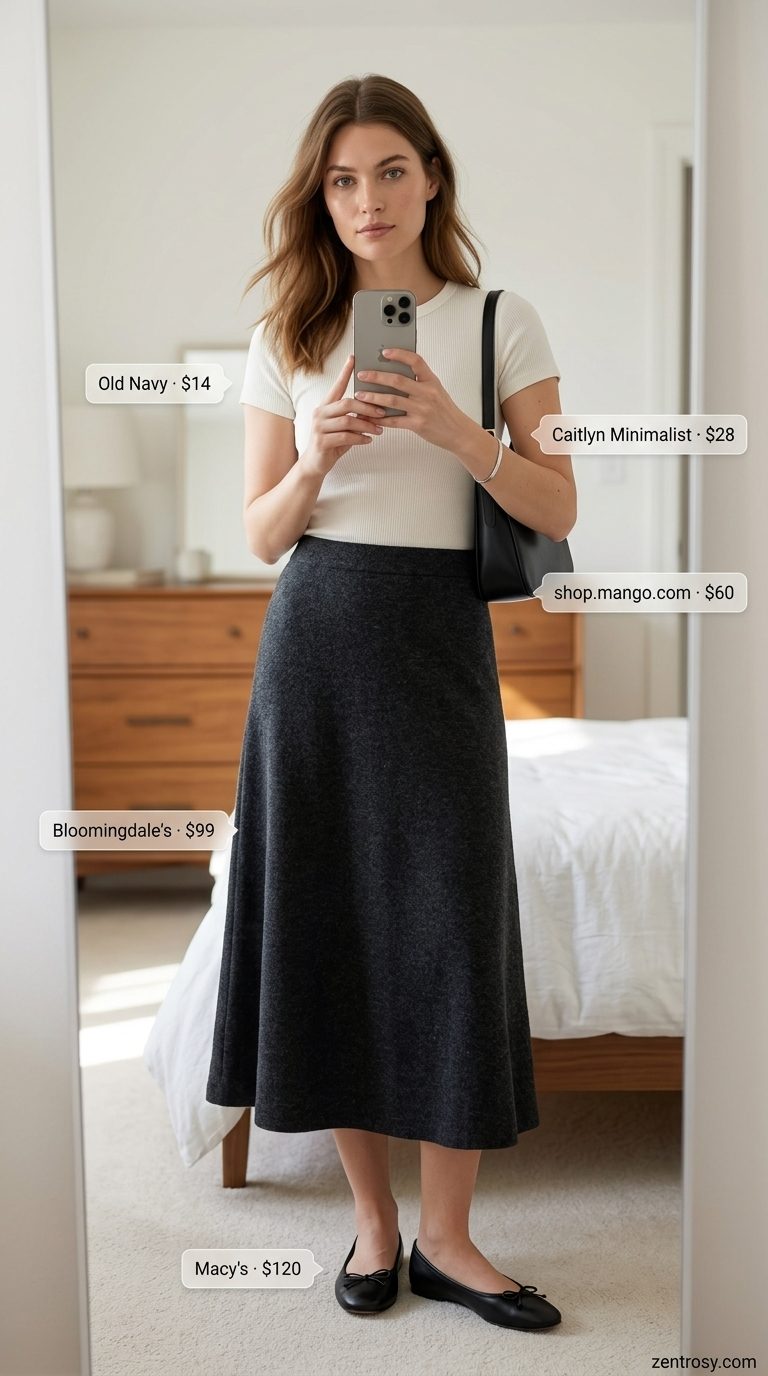 Minimal summer capsule wardrobe for women 2026: Charcoal midi skirt, white tee, ballet flats for gallery opening.