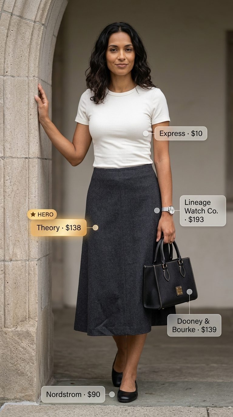 Minimal summer capsule wardrobe for women 2026: Charcoal gray midi skirt, ivory top, black flats for gallery visit.