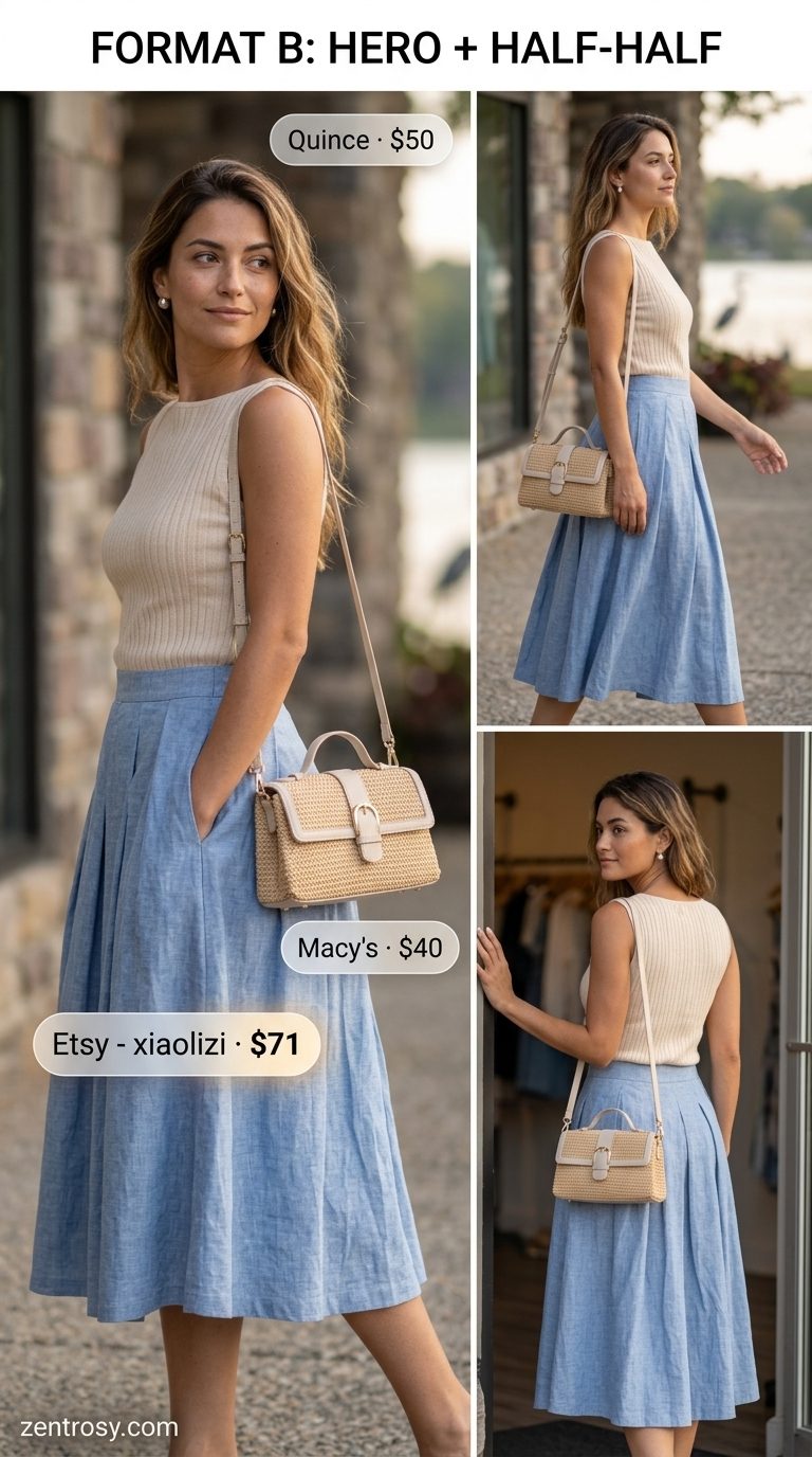 Minimal summer capsule wardrobe for women 2026: Blue midi skirt, white knit top, suede flats for high tea.