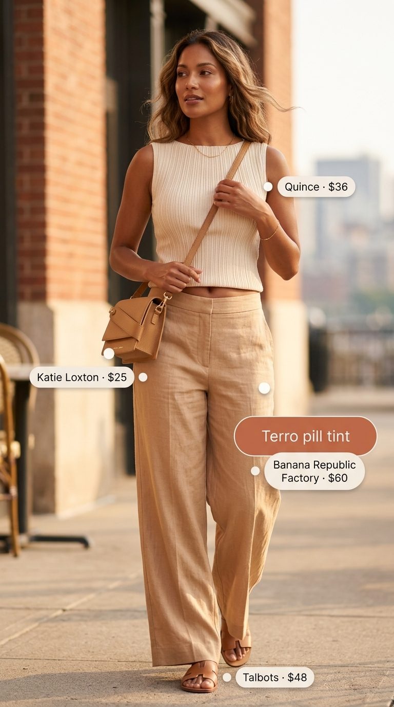Minimal summer capsule wardrobe for women 2026: Beige linen pants, cream tank, tan crossbody bag for relaxed brunch.