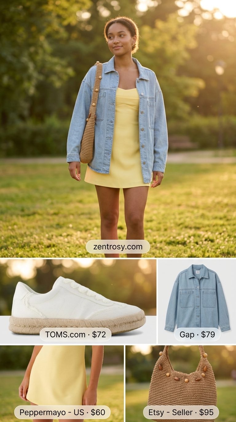 Minimal summer capsule wardrobe for women 2026: Yellow sundress, denim jacket, espadrilles for a park picnic.