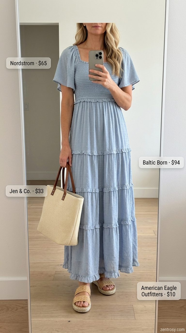 Minimal summer capsule wardrobe for women 2026: Dusty blue maxi dress, raffia slides, straw tote for beach vacation.