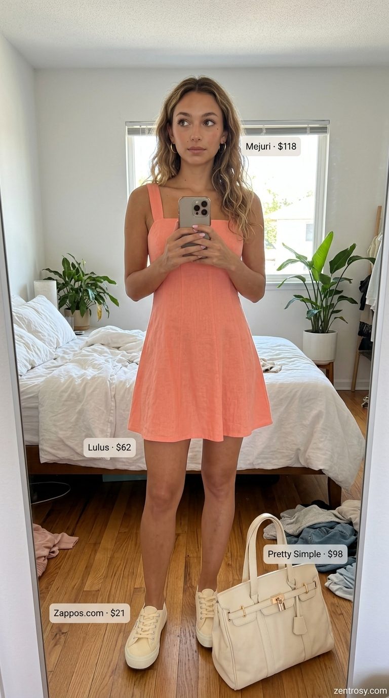 Minimal summer capsule wardrobe for women 2026: Peach mini dress, cream sneakers, gold hoops for summer social.