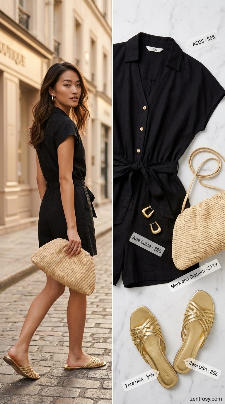 Minimal summer capsule wardrobe for women 2026: Black linen romper, gold accessories, raffia clutch for evening events.