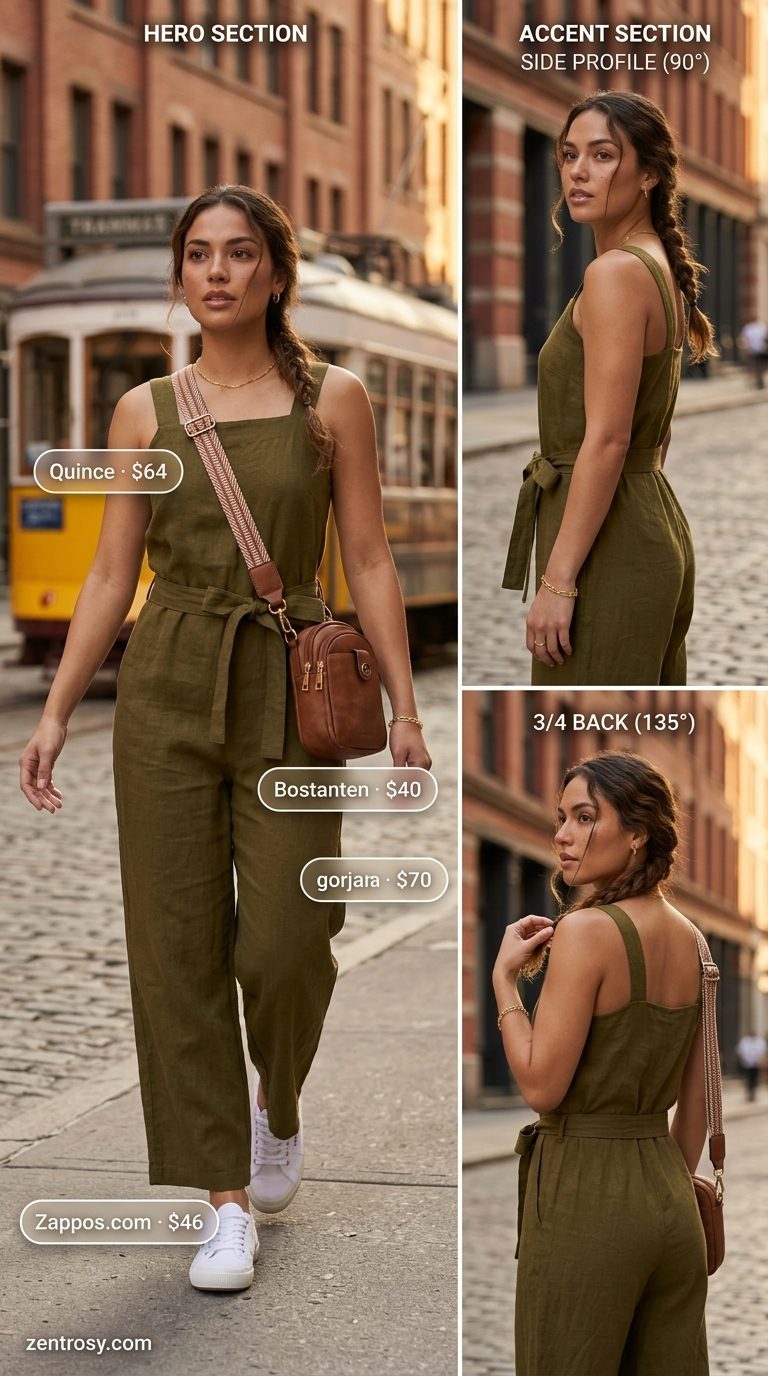 Minimal summer capsule wardrobe for women 2026: Olive green utility jumpsuit, cream accents, brown belt bag for travel.