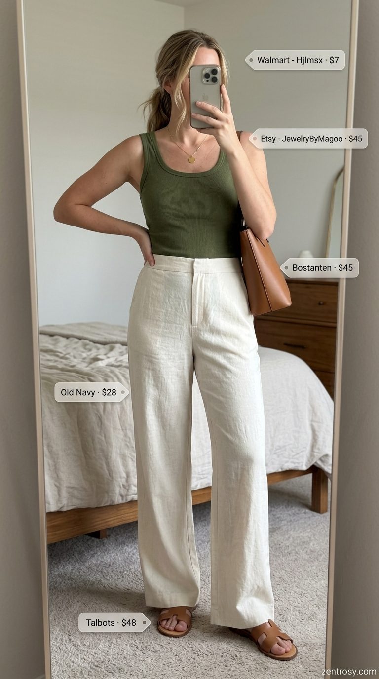 Minimal summer capsule wardrobe for women 2026: Cream linen pants, olive tank, tan slides for casual day out.