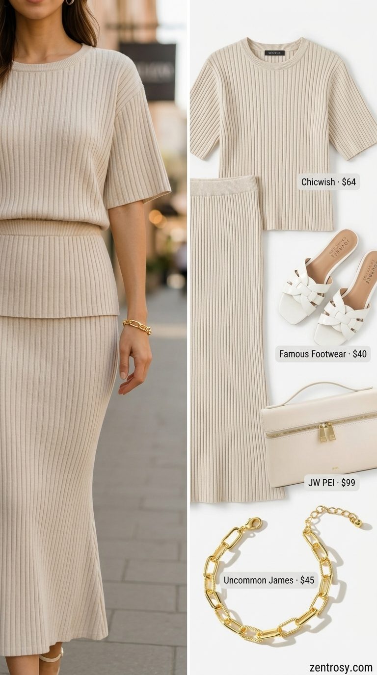 Minimal summer capsule wardrobe for women 2026: Oatmeal knit set, white bag, leather slides for weekend getaway.