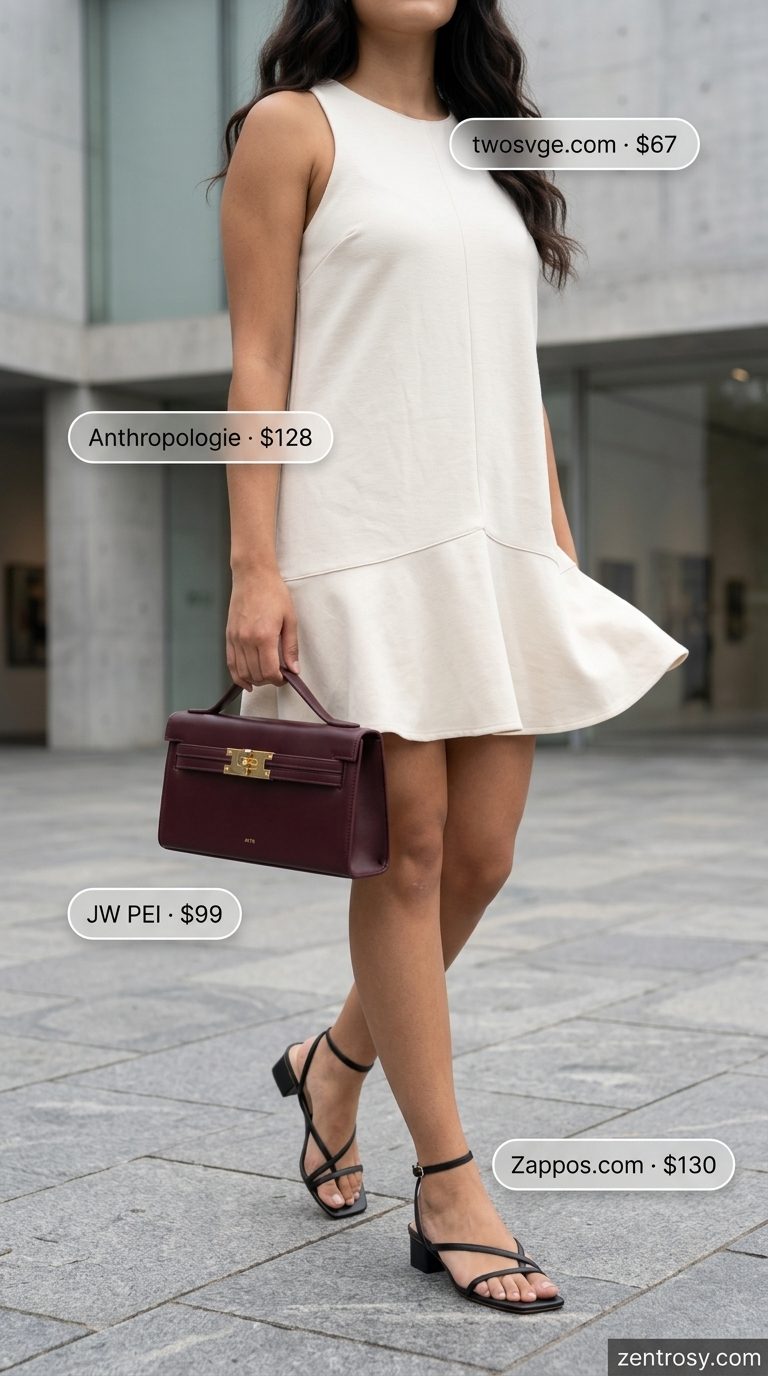 Minimal summer capsule wardrobe women 2026: Cream mini dress, black sandals for art walk.