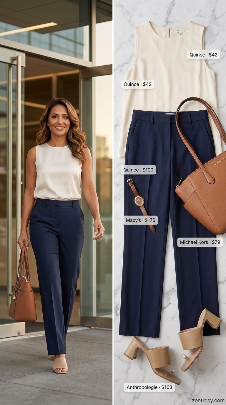 Minimal summer capsule wardrobe women 2026: Navy trousers, white silk top for office.