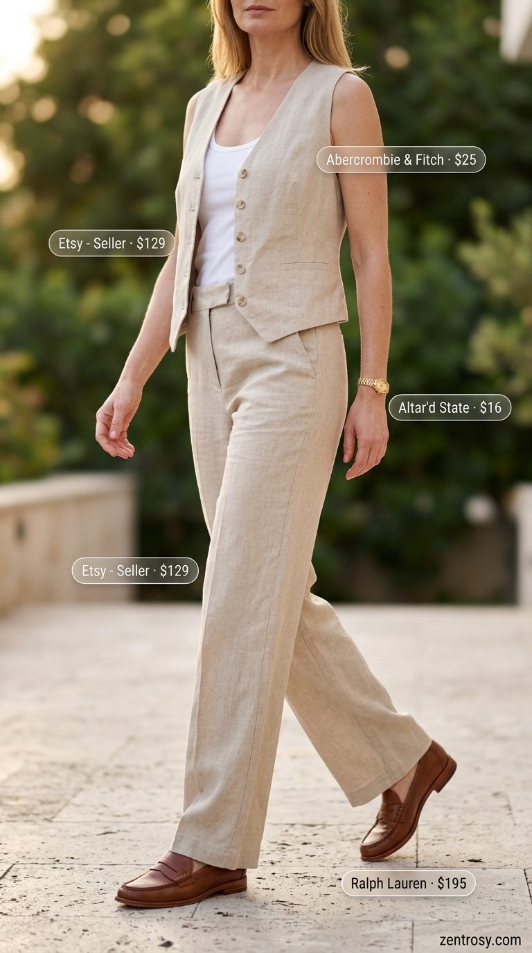 Minimal summer capsule wardrobe women 2026: Sand linen matching set for office.