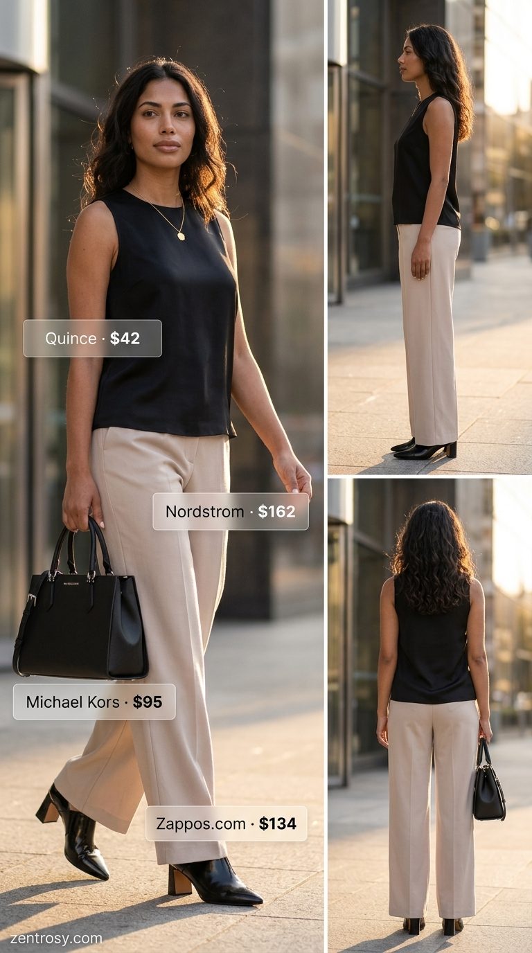 Minimal summer capsule wardrobe women 2026: Beige trousers, black silk top, black pumps for office.