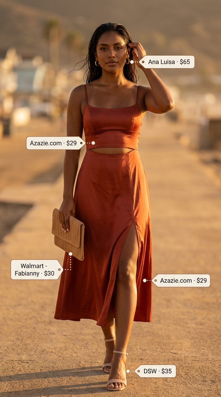 Minimal summer capsule wardrobe women 2026: Terracotta maxi dress for resort dinner.