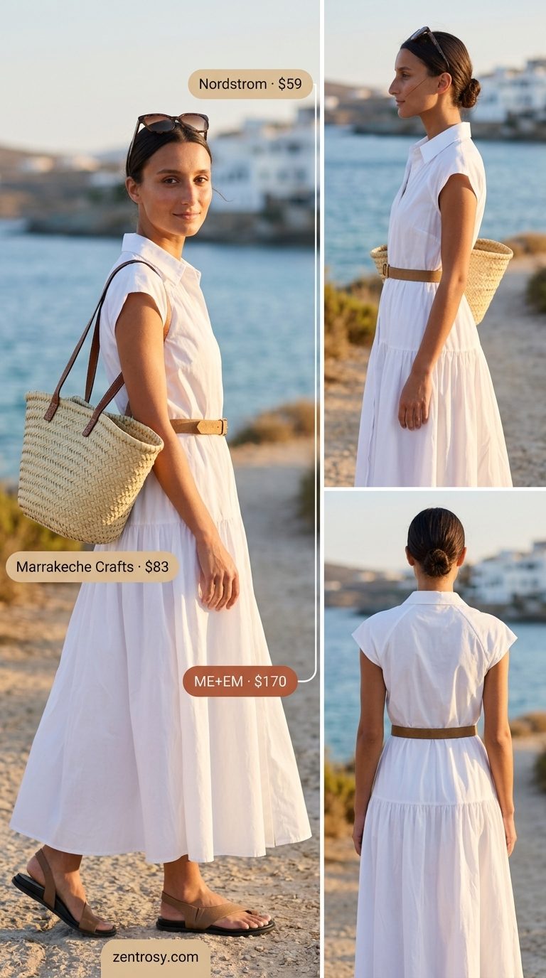 Minimal summer capsule wardrobe women 2026: White maxi shirt dress for resort wear.