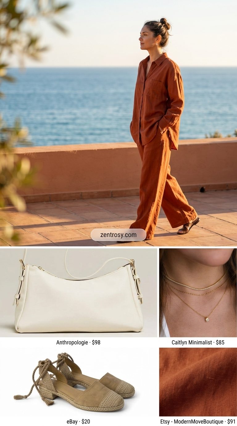 Minimal summer capsule wardrobe women 2026: Terracotta linen set for brunch.