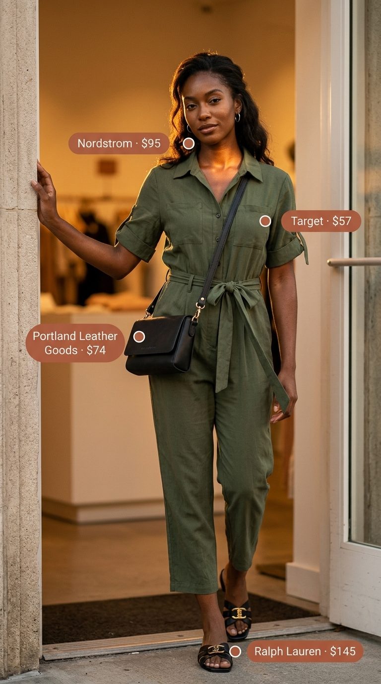 Minimal summer capsule wardrobe women 2026: Olive utility jumpsuit for errands.