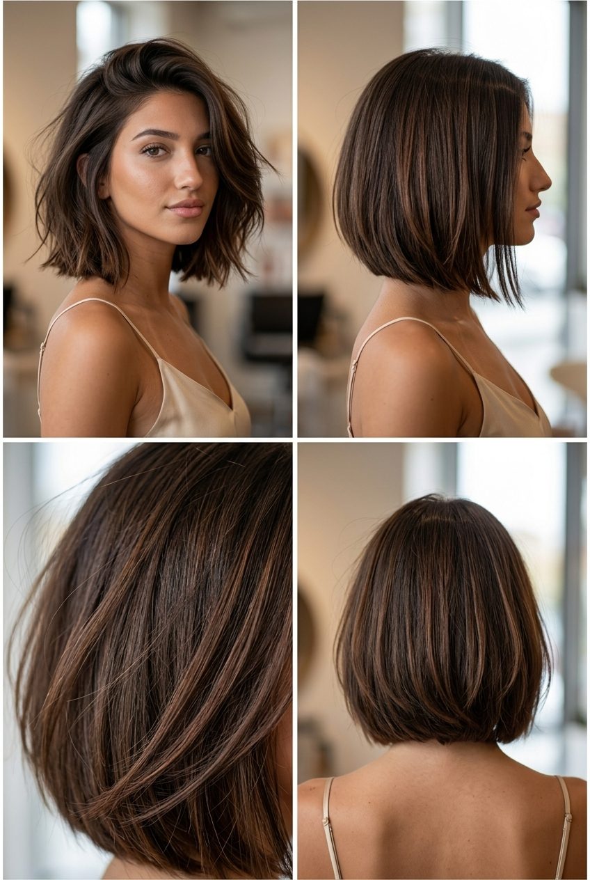 jaw-length espresso brunette bob with mocha bean warm cinnamon highlights, blunt textured ends, playful modern