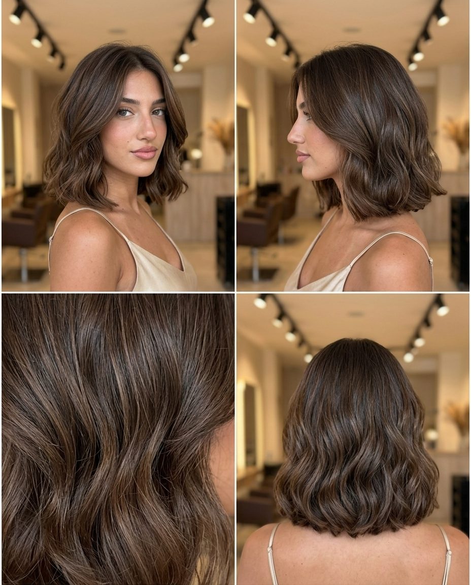 shoulder-length espresso brunette bob with mocha bean warm cinnamon micro-ribbons, soft layered ends, romantic effortless