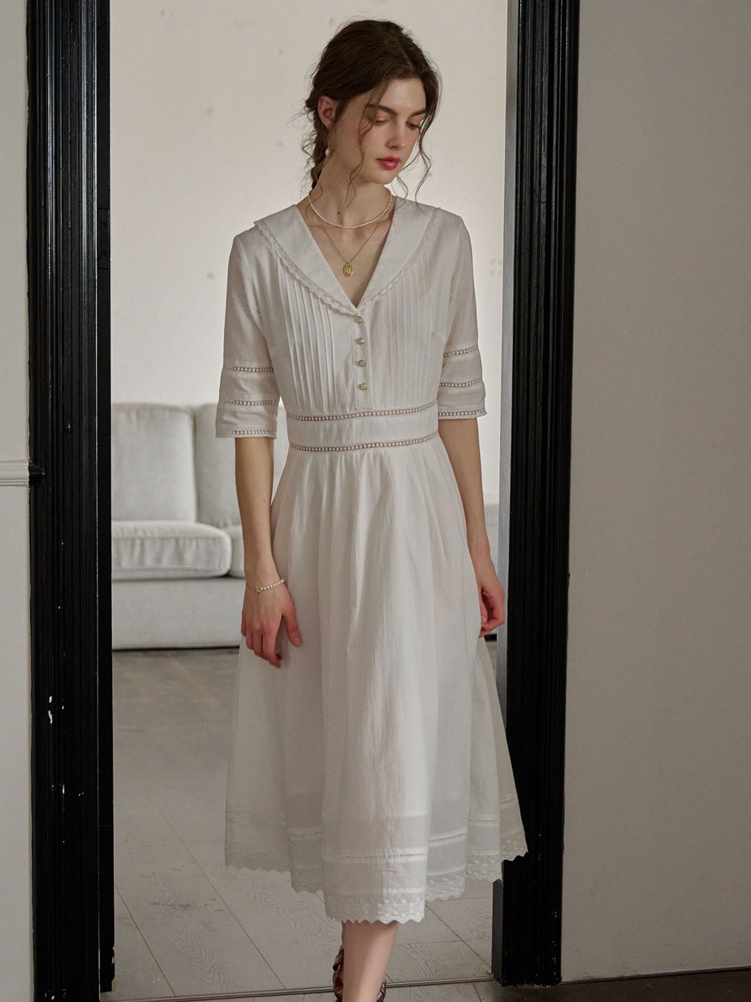 White Cotton Midi Dress with Pointed Collar — Modern Victorian Dresses