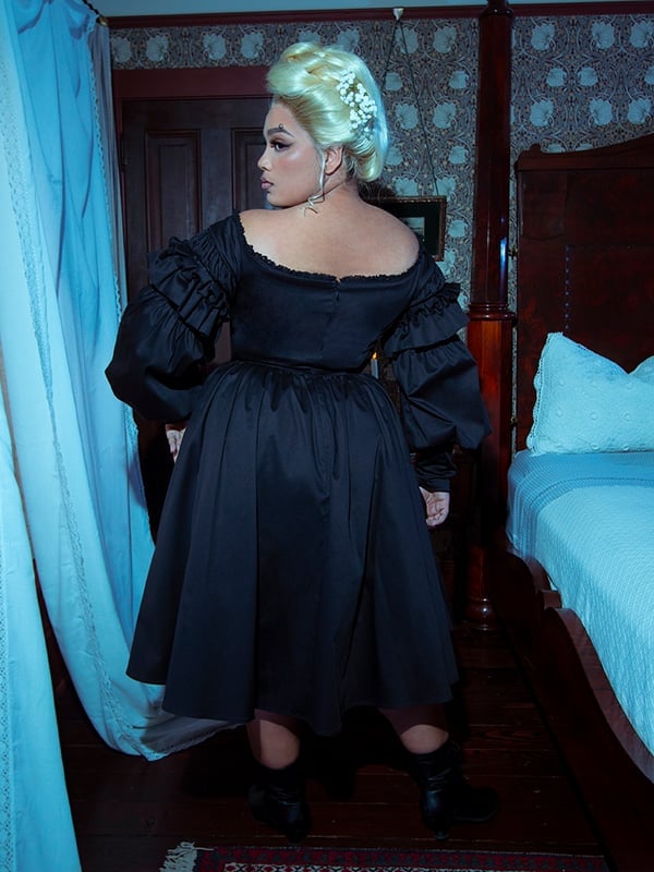 Black Satin Dress with Ruffled Sleeves and Fitted Bodice — Modern Victorian Dresses