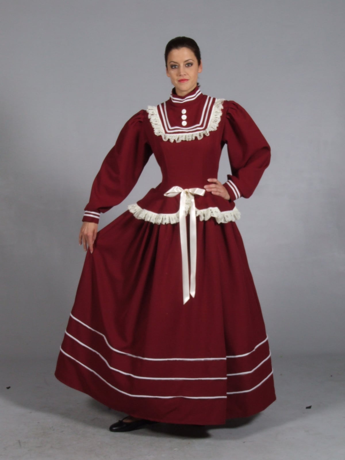 Burgundy Dress with Ruffled Collar and Cuffs — Modern Victorian Dresses