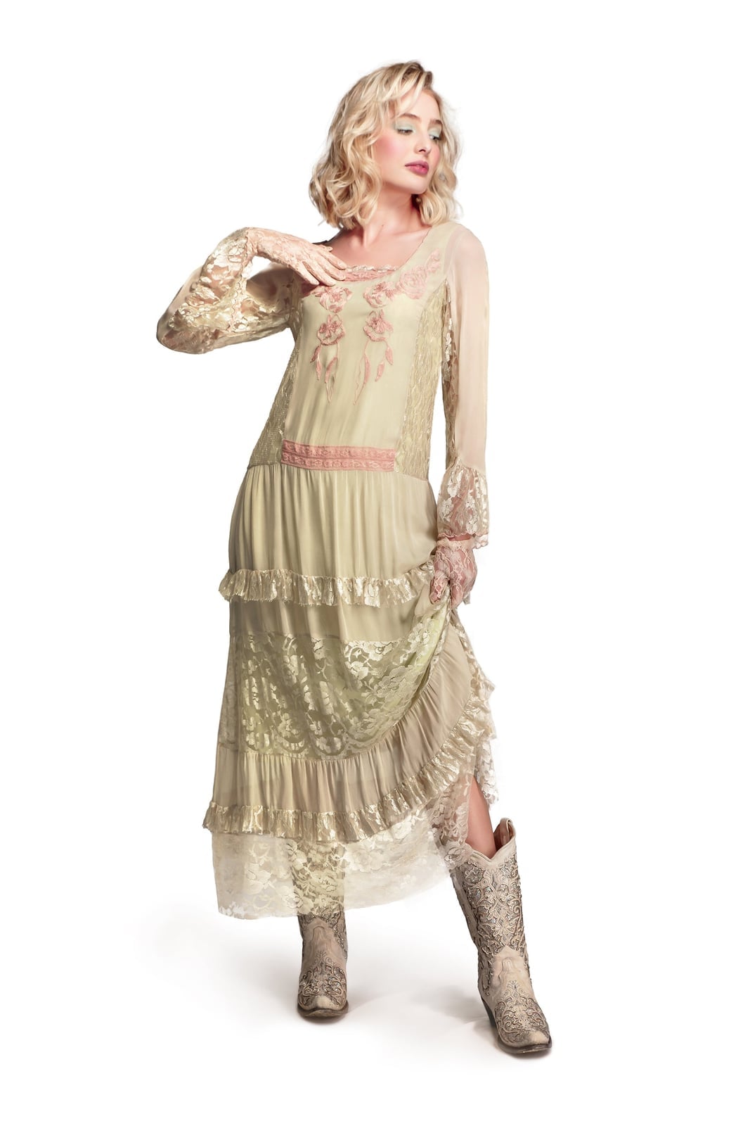 Pale Yellow Tiered Chiffon Dress with Embroidery — Modern Victorian Dresses