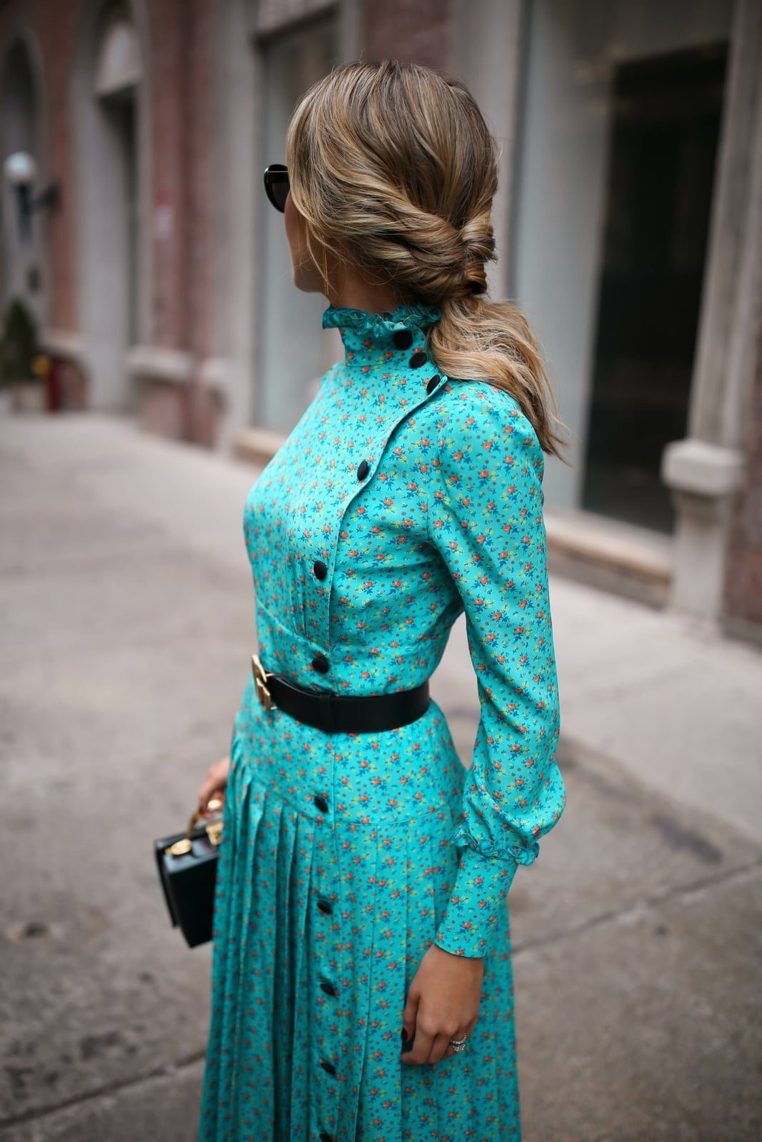 Teal Floral Print Dress with Pleated Skirt and Black Pointed Heels — Modern Victorian Dresses