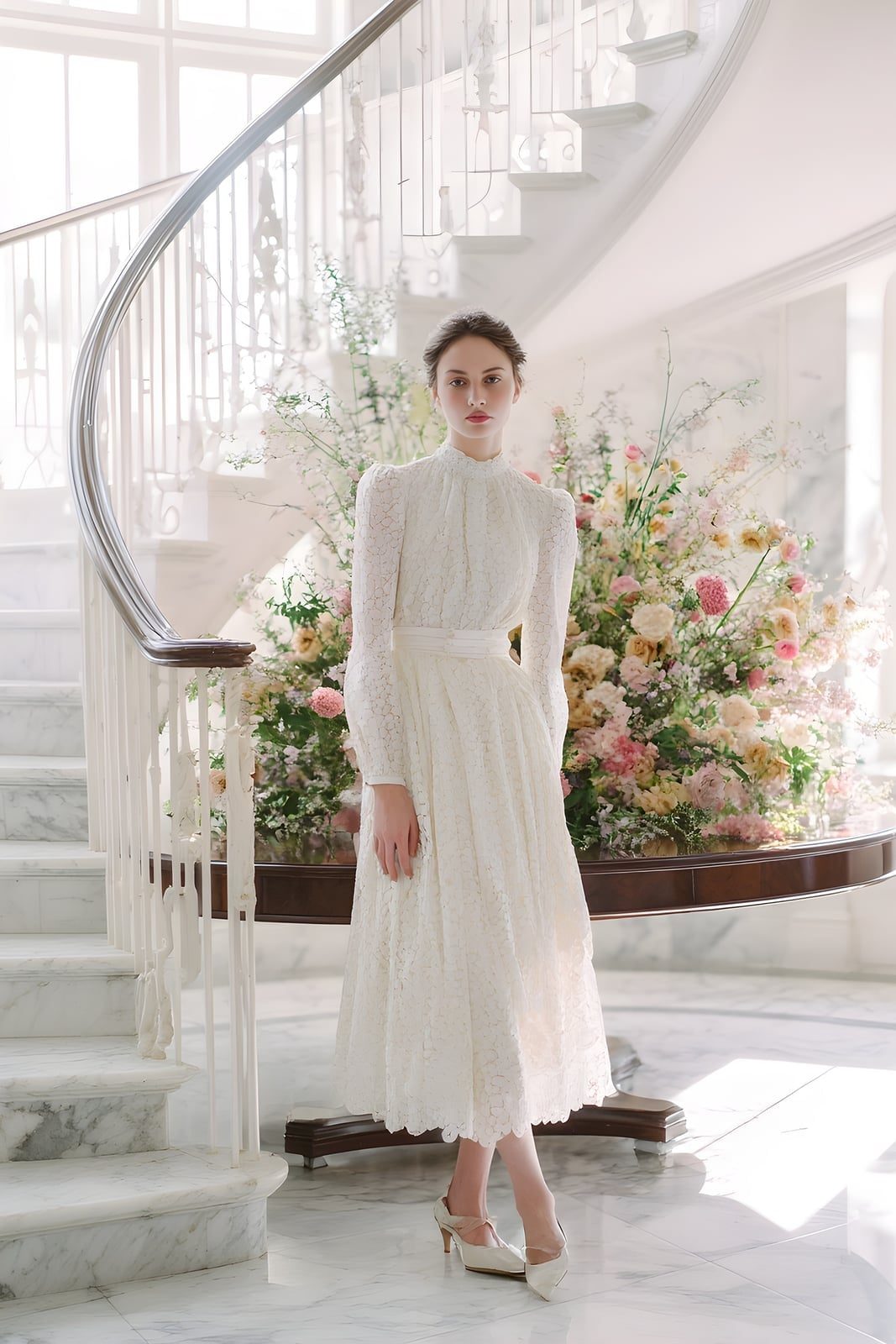 White Lace Midi Dress with High Neckline and Pointed-Toe Heels — Modern Victorian Dresses