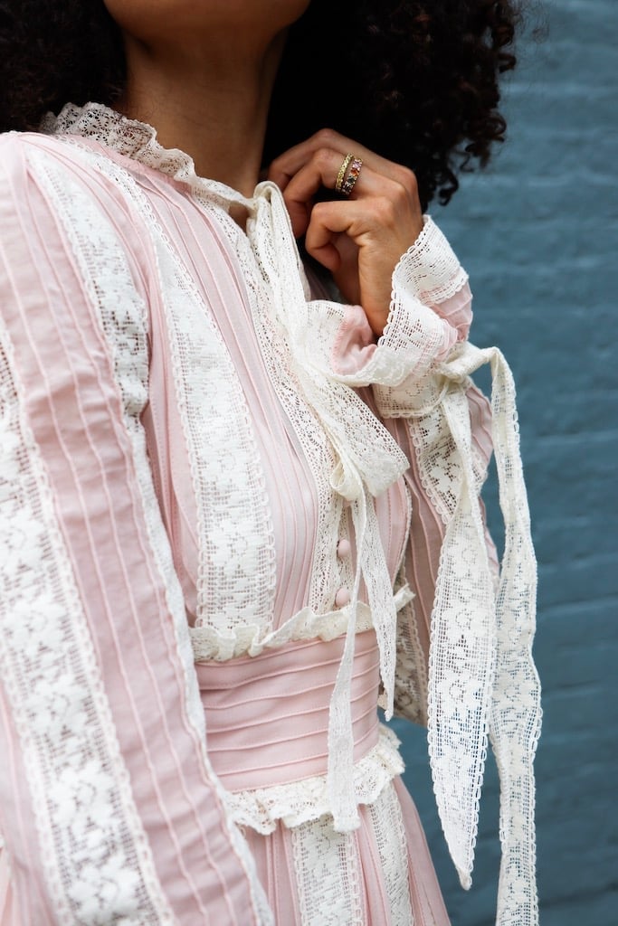 Pink Striped Dress with Lace Trim Details, Close-Up Take — Modern Victorian Dresses