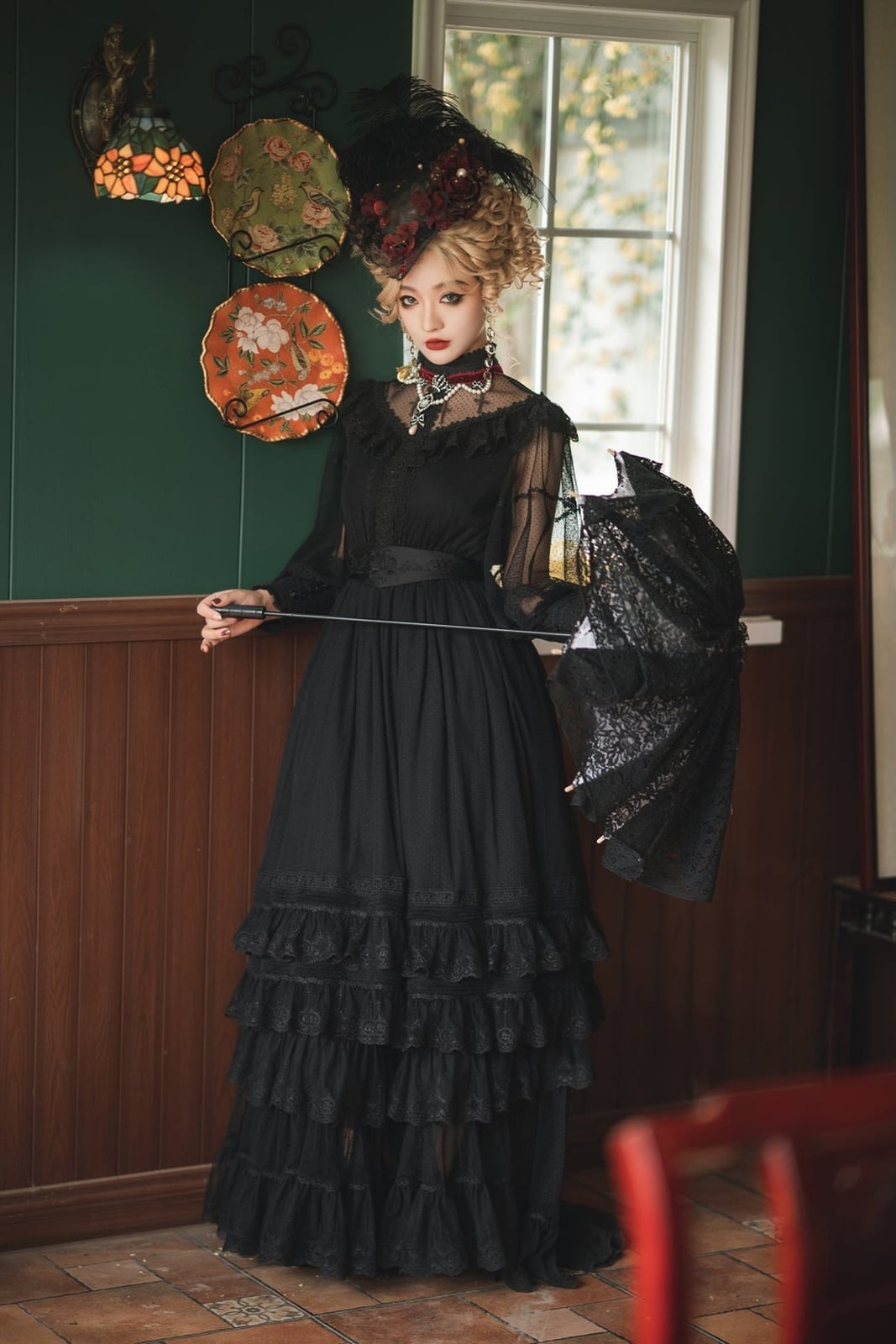 Black Gothic Lace Dress with Ruffled Skirt, Close-Up Take — Modern Victorian Dresses
