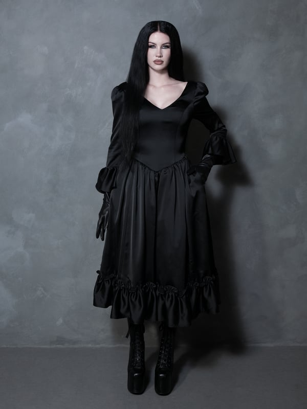 Black Satin Dress with Ruffled Hem — Modern Victorian Dresses