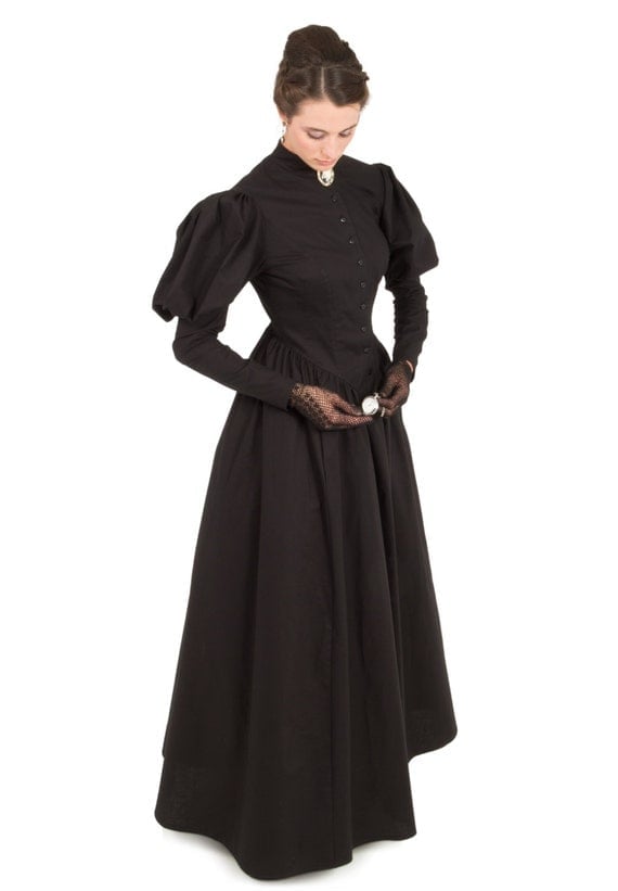 Black Dress with Puff Sleeves and Lace Gloves — Modern Victorian Dresses