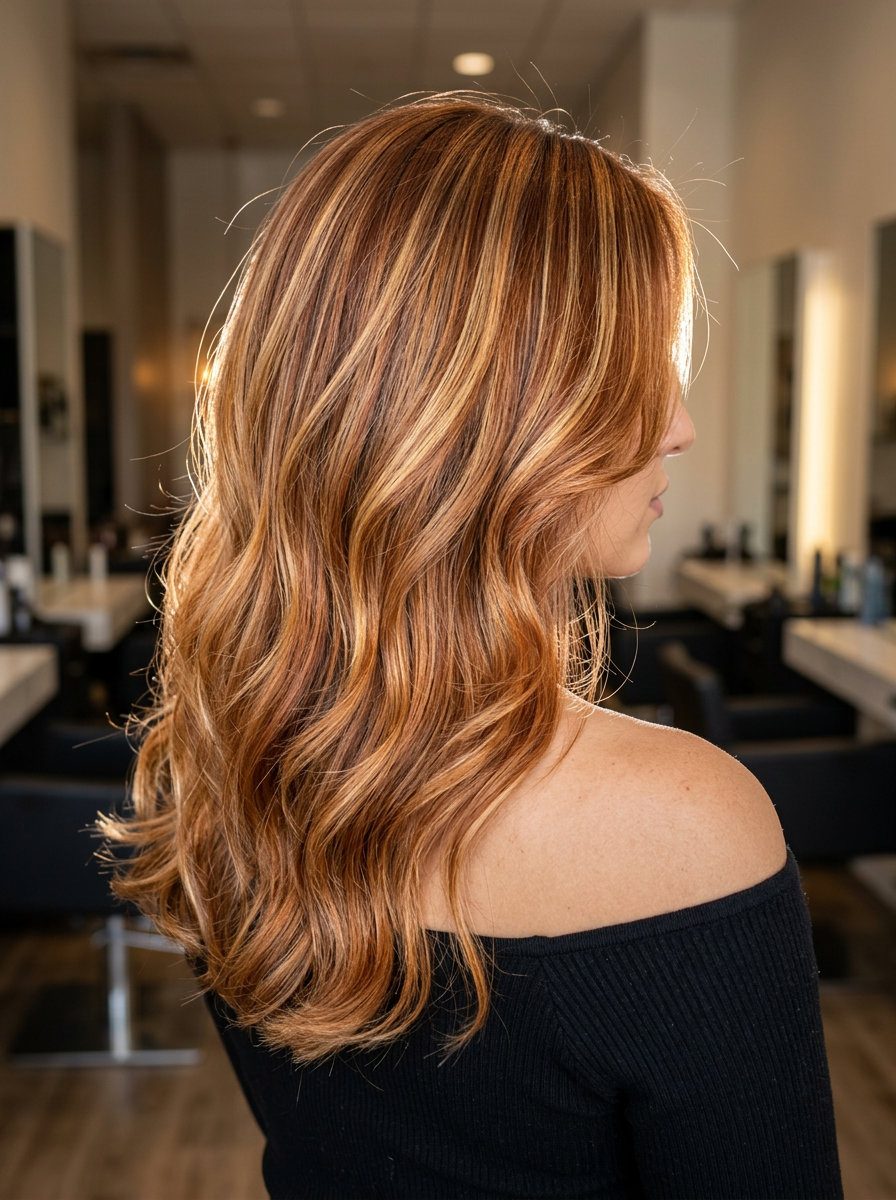 long balayage with molten gold and fiery copper, color melting technique, no fringe — glamorous evening gala