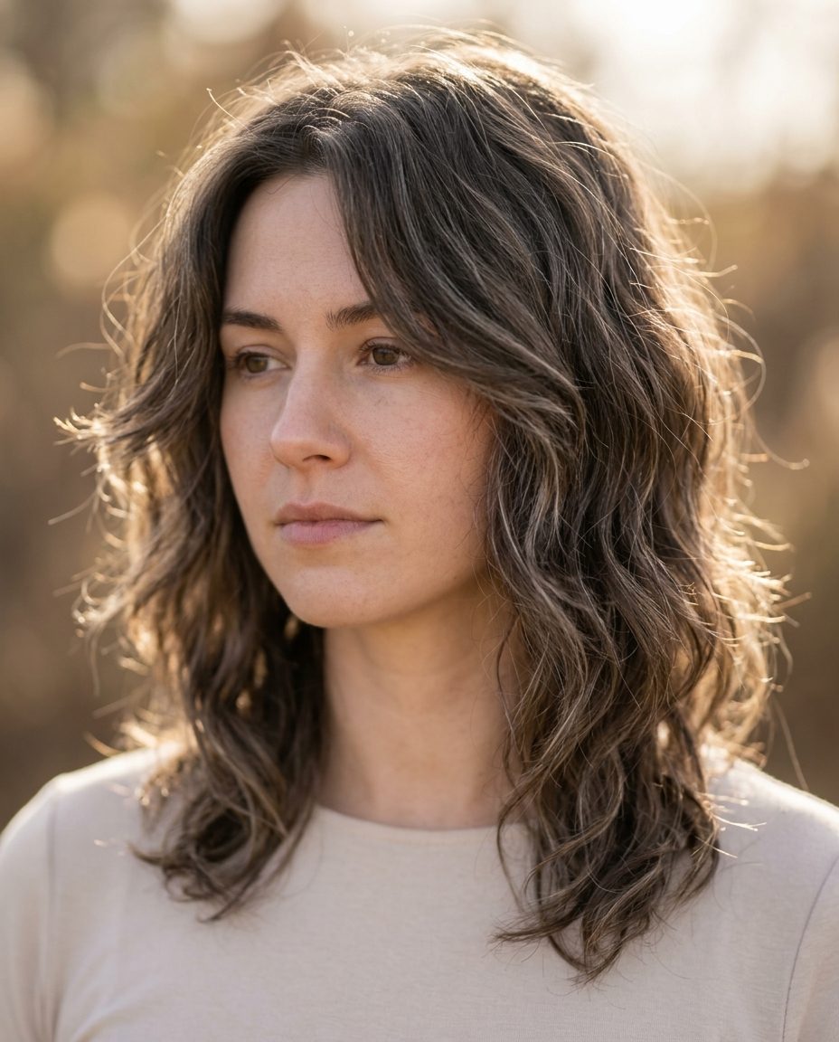 collarbone wavy shag haircut in mousy brown with sun-kissed tips and wispy eyebrow fringe