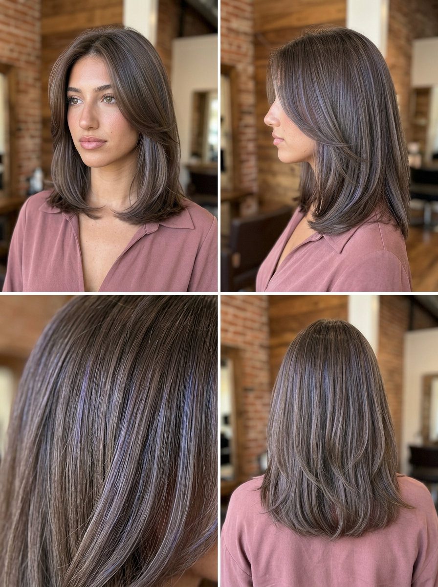collarbone-length shag with taupe mushroom ash brown and violet-blue micro-babylights, soft face-framing — chic