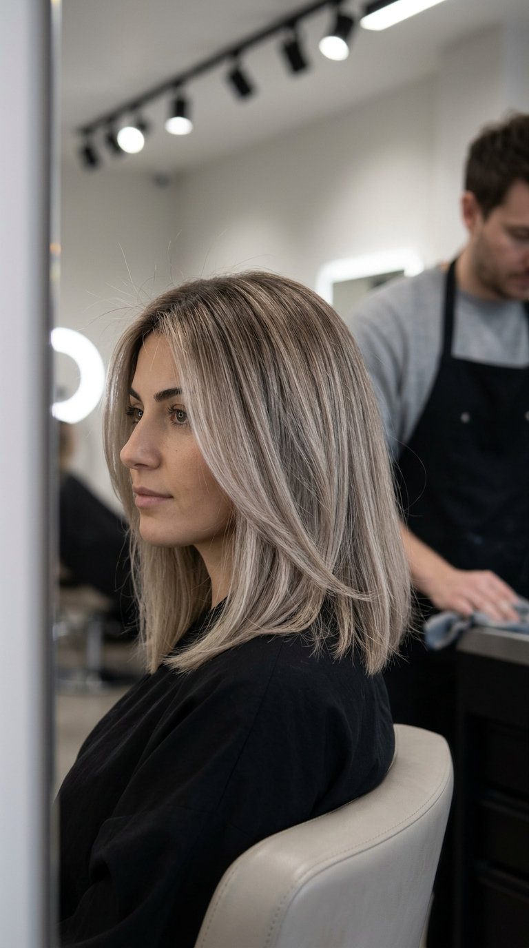 collarbone-length mushroom blonde lob with textured perimeter and face-frame for sophistication