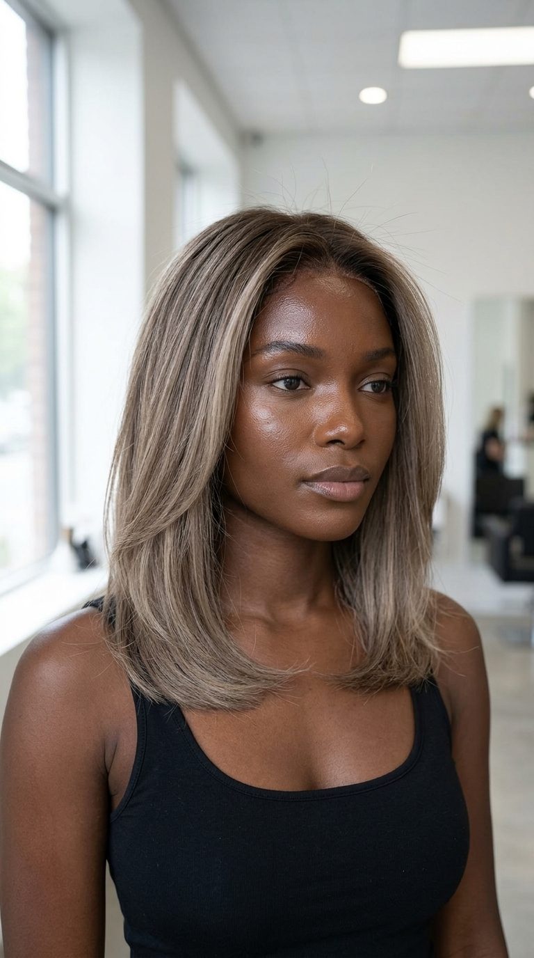 long blunt lob mushroom blonde balayage with muted beige, cool ash, and brown root for summer 2026