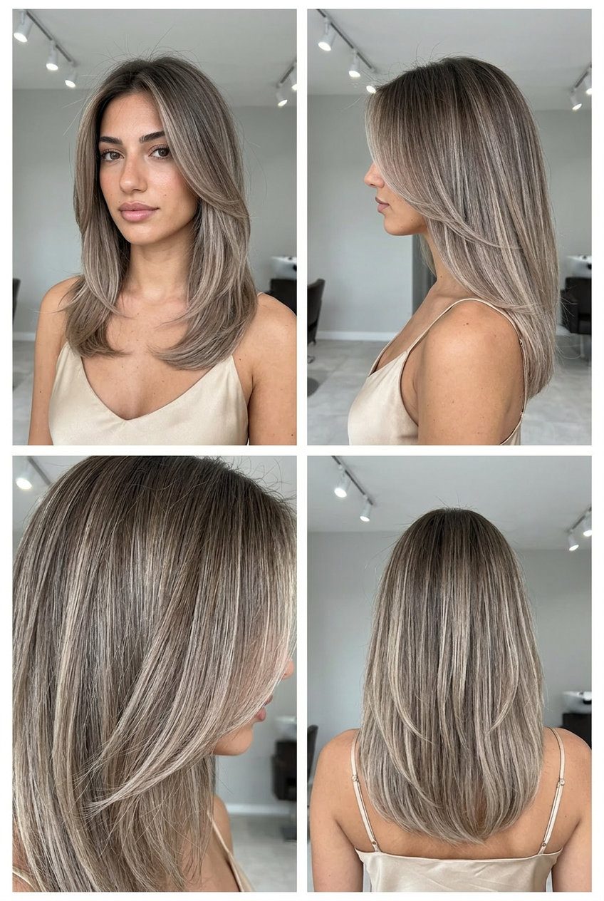 long layered mushroom blonde hair with ombré, dusty blonde transition, no fringe — minimalist summer office look