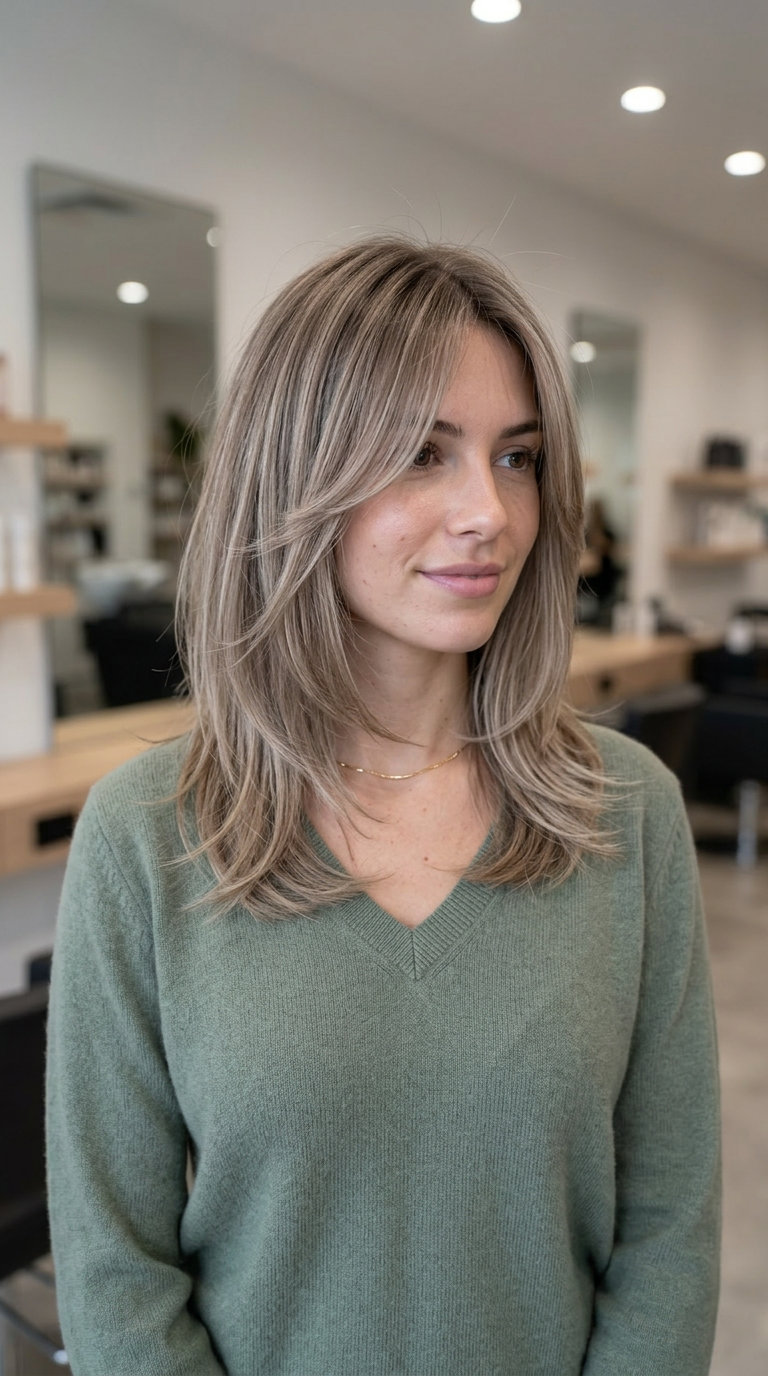 medium butterfly haircut in mushroom blonde with ash beige babylights, wispy layers, long curtain fringe — ethereal airy style