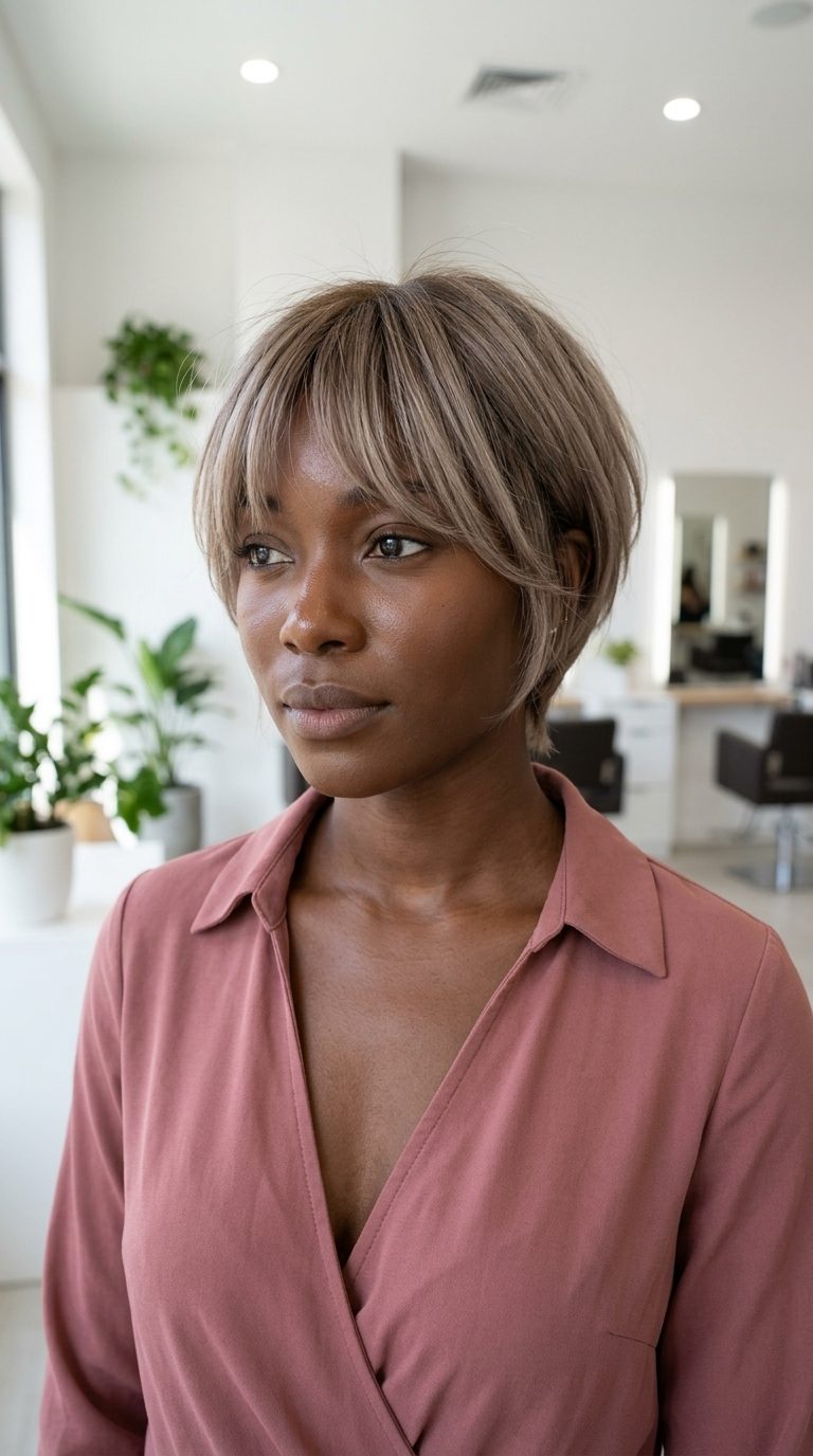 Mushroom Blonde Bixie Haircut 2026 short shaggy bixie haircut with mushroom blonde ash babylights, wispy curtain bangs, tapered nape — soft effortless style