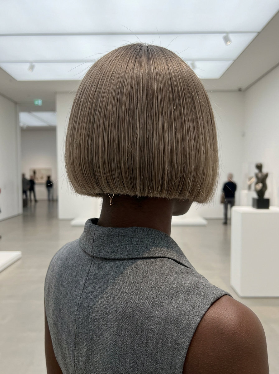 Mushroom Bronde Bob: Sophisticated Summer Hair chin-length mushroom bronde bob haircut with cool blonde undertones and blunt ends for summer